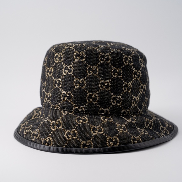 size M - Gucci Denim Bucket Hat GG Nappa Monogram Washed Jacquard Leather brim - Picture 1 of 6